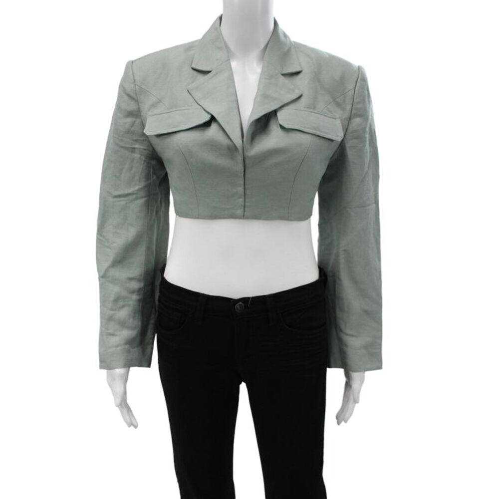L Academie Womens Nylon Cropped Open Collard Blazer Green Size S